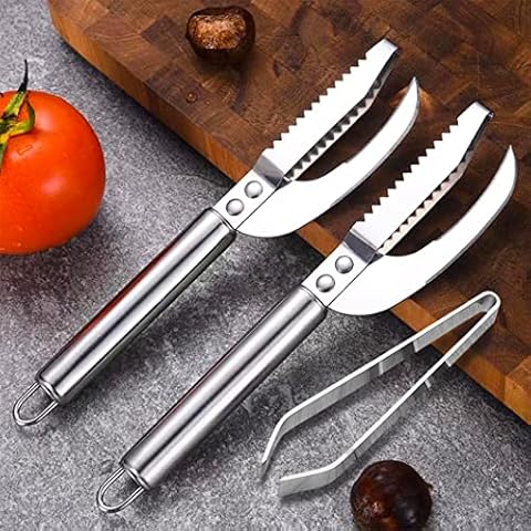 Rolin Roly 2PCS Fish Scaler Remover Stainless Steel 3in1 Fish Maw Knife with Fish Tweezers Bones Fish Descaler Tool for Chef Cooking Home Restaurant Kitchen (Stainless Steel) Cover