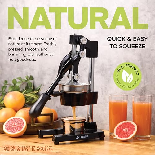 Image of Eurolux Ultra-Premium Cast Iron Juicer | Extra-Large, Heavy Duty, Commercial Grade, Stainless Steel Manual Hand Press Citrus Squeezer For Fresh Orange Juice, Pomegranate, Lemon, and Much More (Black)