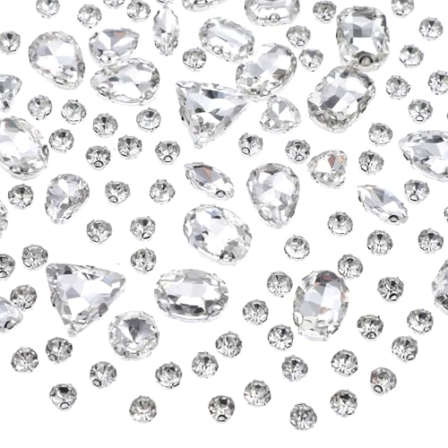 Psyqtsuary 130 Pcs Mixed Shapes Glass Rhinestones, Metal Flatback with Silver Claw, Crystal Clear White, Round, Sew on Crystals, Gems, Crafting, Jewelry Making, Clothes, Costume Garment