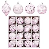 16PCS Shatterproof Christmas Ball Ornaments Set, Hand-Painted Holiday Decor with Assorted Sizes & Designs for Christmas Tree Thanksgiving Party Decoration, Pink-White