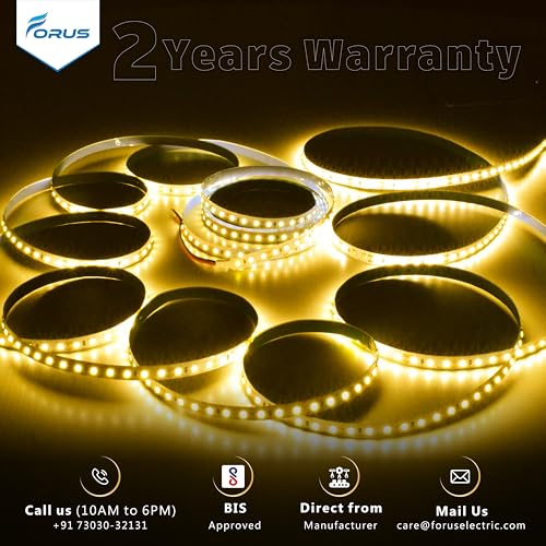Image of Forus 5 Meter (5M) 8mm Yellow LED Strip Light, 120 LEDs /M Plug & Play Flexible Lighting for Home Decor, False Ceiling, Kitchen, Pooja Room, Mirror, Stairs, Adapter Included, 2-Year Warranty