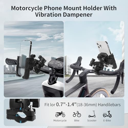 Image of Motorcycle Ebike Phone Mount with Vibration Dampener,360Adjustable Dual Ball Head & Anti-Shock Handlebar Holder for Bicycle Scooter ATV Fit For (5.4-7.2 inch)iPhone 16 /15 /14 /13 Pro Max ,Pipe Clamp, 75023