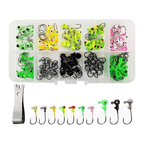 Drchoer 101pcs/Lot 1g 2g Fishing Lures Jig Heads Fishing Hook Set for Bass Trout Freshwater Saltwater,Include a Fishing Line Nipper w/Hook Eye Cleaner Cover