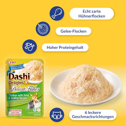 INABA Dashi Delights Delicate Flakes, Nassfutter für Katzen mit Huhn und Thunfisch, feine Flocken in aromatischer Fischbrühe, Proteinreich, Natürliche Zutaten, Ergänzungsfutter, 12x40g
