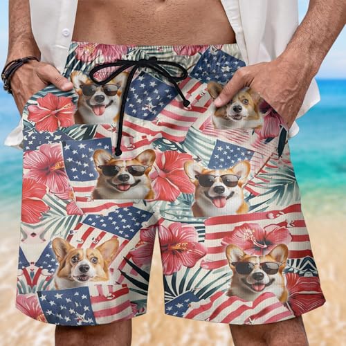 Tropical Dog Mens Swim Trunks - US Patriot Hawaiian Mens Shorts Casual, Summer Drawstring Beachwear Shorts2