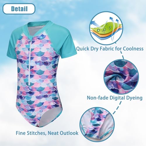 Image of Girls One Piece Rash Guard Swimsuits for Kids Girls Short Sleeve Bathing Suits with Front Zipper Swimwear 3-16 Years