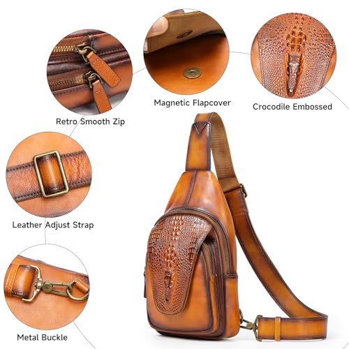 NIUCUNZH Genuine Leather Sling Bag Crocodile Flap Crossbody Purse Cross Shoulder Body Bags for Travel Everyday Carry Brown2