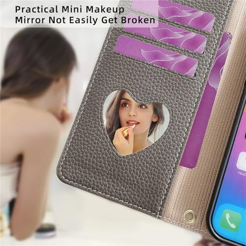 Housse en cuir PU souple iPhone 14 finition soignée grise avec rangement et bandoulière