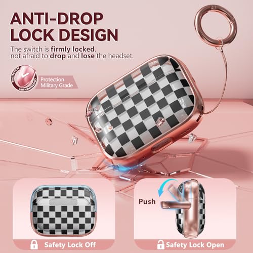 Image of Inesore for AirPods Pro 2nd /1st Case (2023-2019)-Black Checkerboard | with Safty Lock,Two-Piece Design,with Gold Keychain & Clean Pen,Support Wireless Charging,Cute Luxury Case for Women Girly