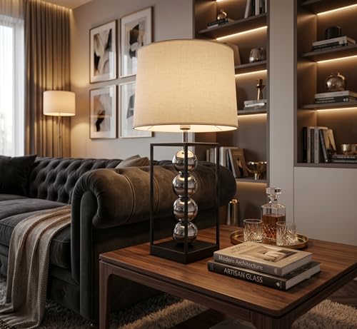 Image of Luxury Modern Table Lamp with Silver Spherical Accents - Contemporary Metal Frame Bedside Light for Living Room, Bedroom & Office - Textured Fabric Drum Shade (Antique Silver & Charcoal)