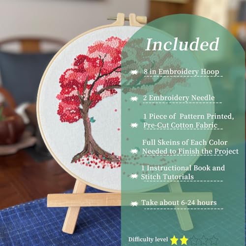 Image of FONNUY Crewel Embroidery Kit for Beginners, Seasonal Tree Pre-Stamped Pattern Kits for Adults with Hoop, Easy to Follow Color Thread Needlework, 8'' (Pink)