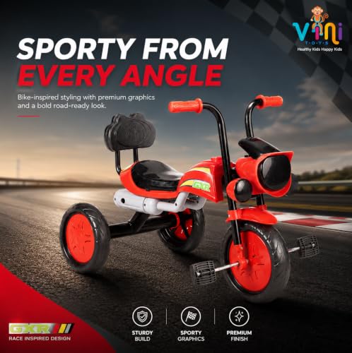 Image of GXR Tricycle for Kids 2 to 5 Years | Baby Cycle 2 to 5 Years | Baby Tricycle & 3 Wheeler Cycle for Kids with LED Headlight, Rhyme Music, EVA Wheels, Backrest & Steel Frame (Red)