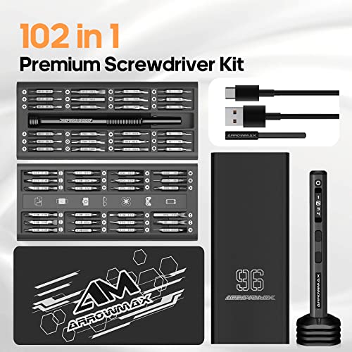 Am Arrowmax Electric Screwdriver, 102 In 1 Precision Screwdriver W/ 96 Magnetic Bits, 4 Torque Modes, Red Dot, If Winning Design, Rechargeable Mini Cordless Screwdriver For Phone, Laptop, Black #TOP2