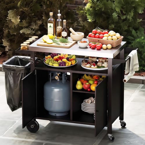 Giantex Outdoor Grill Cart with Stainless Steel Tabletop & Storage Cabinet