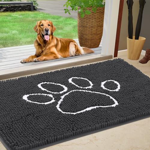 Dog Door Mat for Muddy Paws, Pet Rug Chenille Absorbent Outdoor Doormat 36"x 24", Non Slip Heavy Indoor Doormat Soft Front Inside Doormats for Entryway, Mud Paws, Patio,Dog Paw Dark Grey