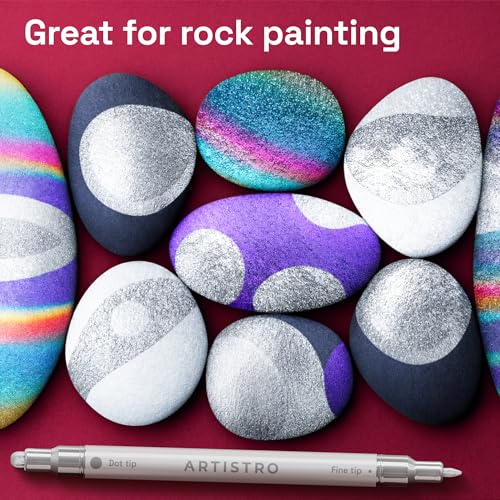 Image of ARTISTRO 12 Silver Dual-Tip Acrylic Paint Markers - Paint Pens Set with Dot & Fine Tips for Fabric, Rock, Glass, Wood, Coloring Books - Arts & Crafts Gift - Classroom Must Haves & School Supplies