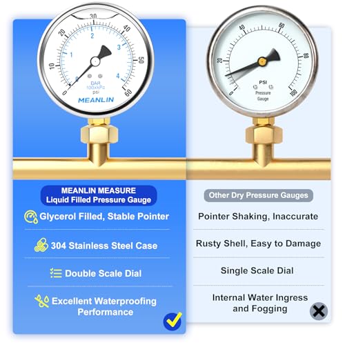 Image of MEANLIN MEASURE 0~60Psi Stainless Steel 1 /4 inch NPT 4 inch FACE DIAL Liquid Filled Pressure Gauge, Pool Sand Filter Water Pump Pressure Test Lower Mount, with 1 /4 inch x 1 /2 inch NPT and 1 /4 inch x 3 /8 inch NPT Hex Bushing
