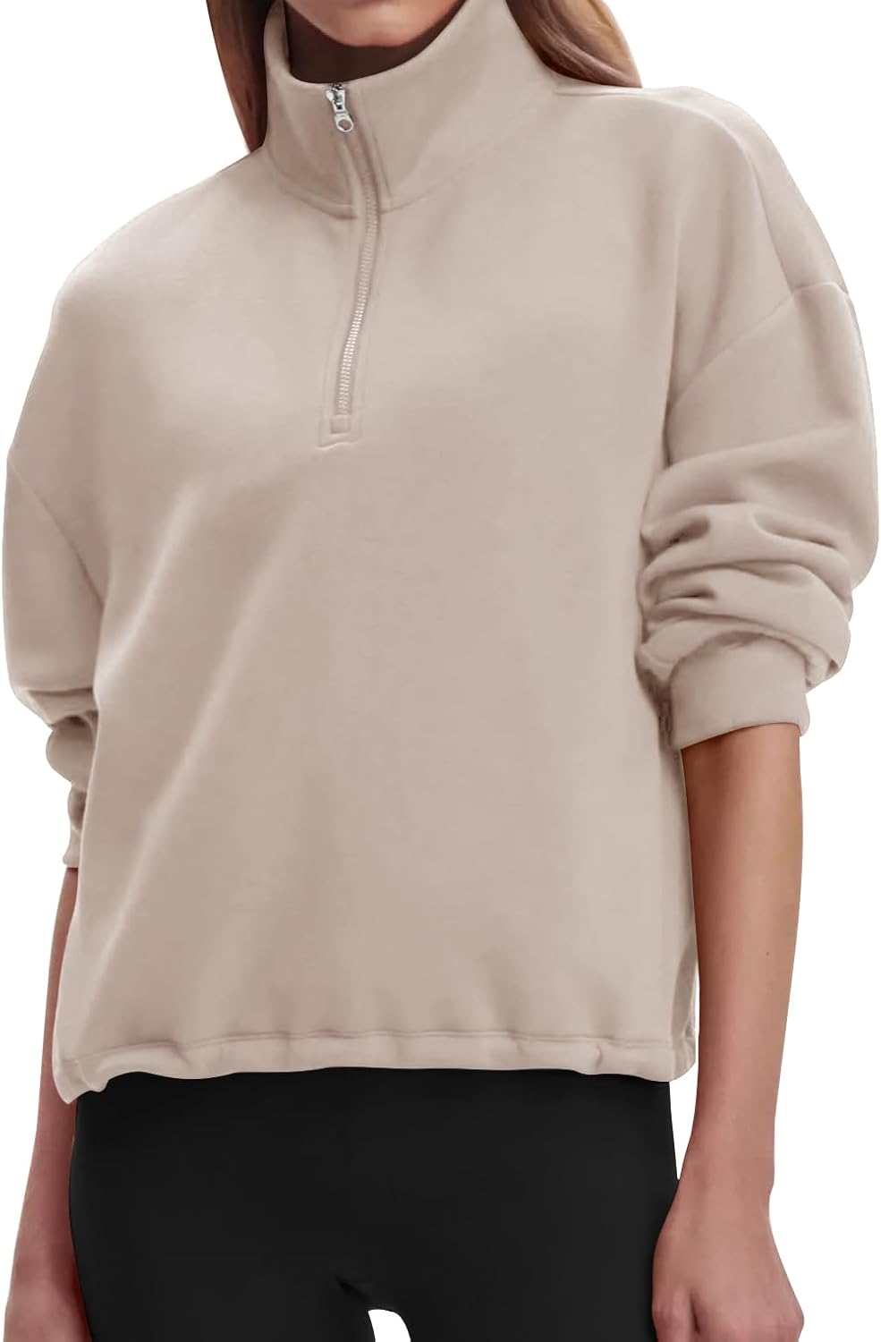 Womens Sweatshirts Half Zip Pullover Drawstring Waist Sweaters Quarter Zipper Hoodies 2025 Fall Winter Fashion Clothes Outfit Apricot Medium