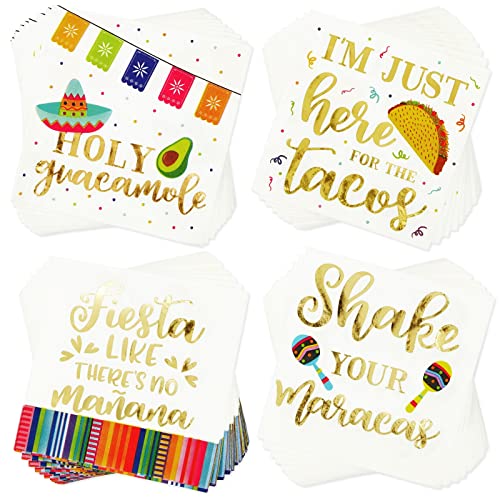 100 Pack Mexican Fiesta Napkins for Cinco de Mayo Party Supplies Taco Fiesta Decorations in 4 Designs (5x5 In)