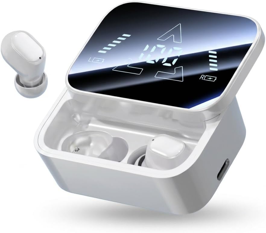 Wireless Earbuds Digital Mirror Display with Battery Percentage - Snug Comfort Fit - USB C Charging - Water Resistant - Noise Isolation - Adjustable Ear Tips - Slide to Open Lid (White)