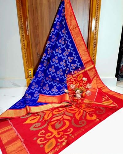 Image of AYYAPPASILK Women's Exclusive Ikkat Silk Saree for Designer Border with Contrast Blouse