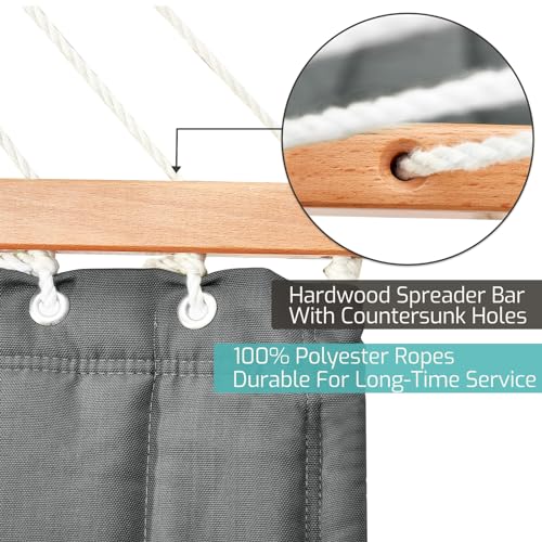 Image of CHULIM Double Quilted Fabric Hammock with Hardwood Spreader Bars and Pillow 450 LBS Capacity 2 Person Large Hammock for Outdoor Patio Backyard Poolside - Dark Grey