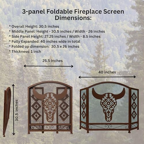 BestGiftEver 3-Panel Fireplace Screen Decorative with Southwest Tribal Bull Skull Design - Stand Alone Fireplace Cover Metal Mesh Screen - Home Decorative Firescreen Cabin Ranch Native American Style - Thumbnail 3