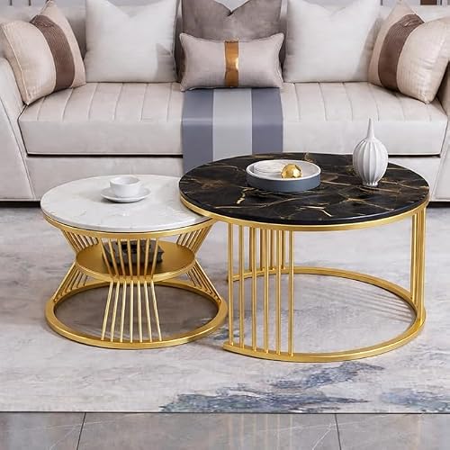 Brown Art SHOPPEE Round Coffee Table Home Décor Furniture Coffee Table Sets,2 Piece MDF Top,Stacking Nesting Table with Iron Frame for Living Room Living Room or Lounge (Gold & White, Black)