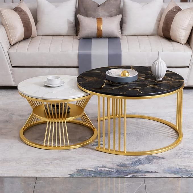 Image of Brown Art SHOPPEE Round Coffee Table Home Decor Furniture Coffee Table Sets,2 Piece MDF Top,Stacking Nesting Table with Iron Frame for Living Room Living Room or Lounge (Gold & White, Black)