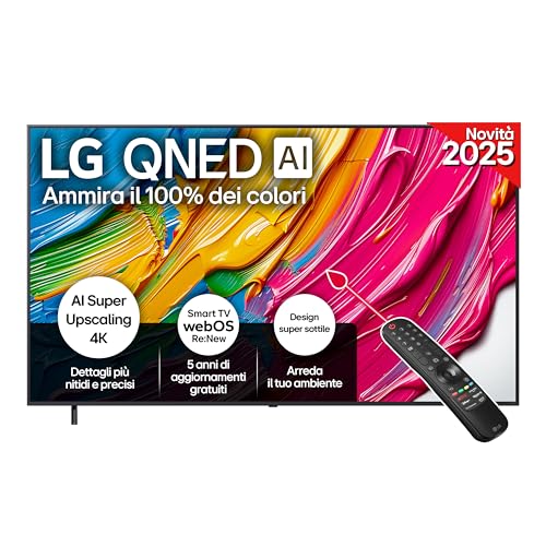 LG QNED AI QNED80 TV 86 pollici, Smart TV 4K, Processore α7 Gen8, Dynamic QNED Color, Design Super Slim, webOS con AI e telecomando puntatore AI, Gaming con VRR 4K@60Hz, 86QNED80A6A 2025