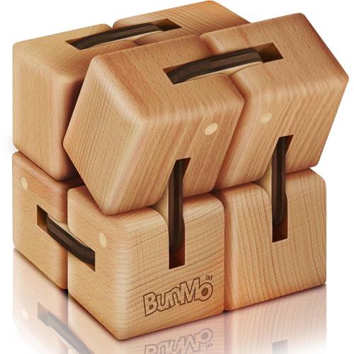 BunMo Wooden Fidget Cube – Beechwood Infinity Cube Fidget Toy, Larger One Pack – Smooth Folding Pocket Fidget, Natural Wood Sensory Cube for Desk or Travel