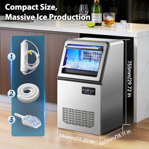 Image of 130lbs /30lbs Ice Machine, Self-Cleaning Commercial for Bar & Home | 13 thickness levels, 10-min auto-clean, 24H timer, LED display, quick water hookup - easy maintenance.