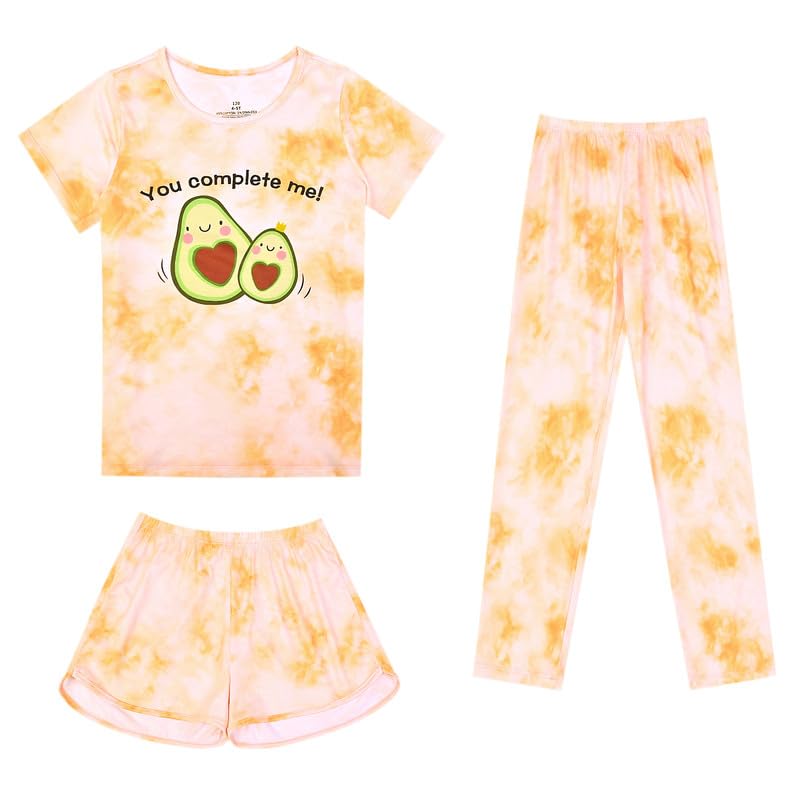 Mirawise Girls 3 Pieces Pajamas Sleepwear Cotton Pjs Short Sleeve Shirt with Two Shorts Set 4-13 Years