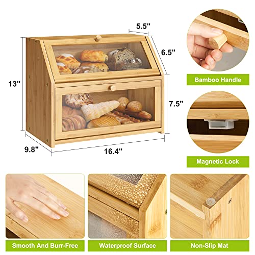 Bmosu Farmhouse Bread Box For Kitchen Countertop Bread Box Double Layer Bamboo Wooden Extra Large Capacity Bin Kitchen Food Storage Container thumb #5