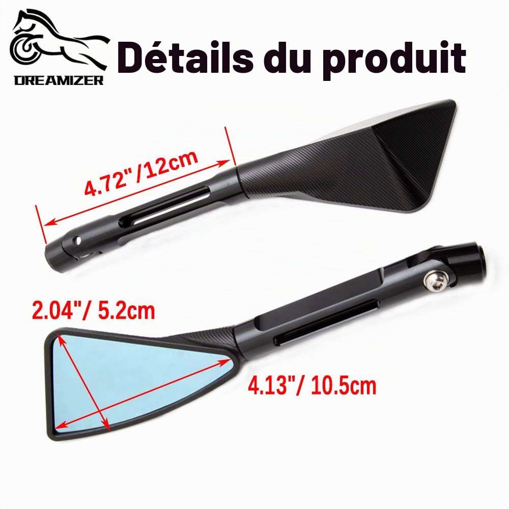 DREAMIZER Universel Aluminium Rétroviseur de moto, Triangle 8mm 10 mm Rétroviseurs Latéraux de Moto pour vélo de rue vélo de sport Dirt bike Cruiser Chopper Scooter(Noir)