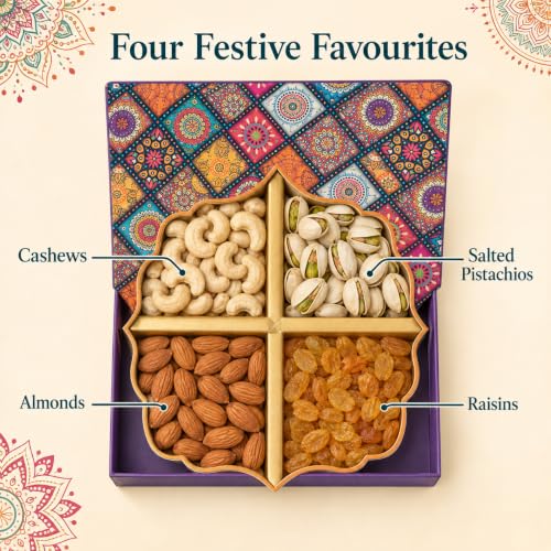Image of Leeve Dry Fruits Diwali Gift Box with Almonds, Cashews, Salted Pistachios and Raisins, Festive Celebration Hamper for Family and Friends, 1kG