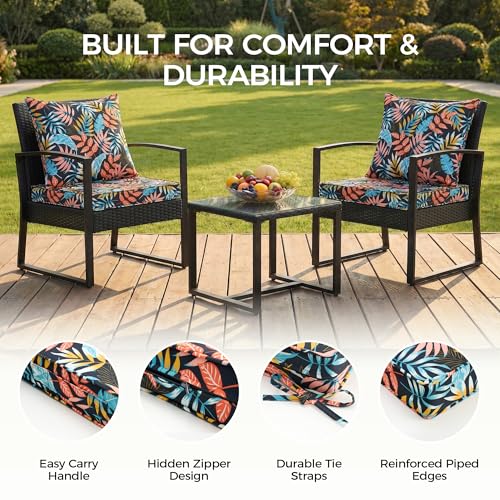 Image of UNIKOME 22 inchx22 inchx3 inch Outdoor Chair Cushions Set - Waterproof Patio Cushions for Outdoor Furniture with Removable Cover, Ties & Handle, Deep Seat Patio Cushions for Sofa Couch - Dark Leaves