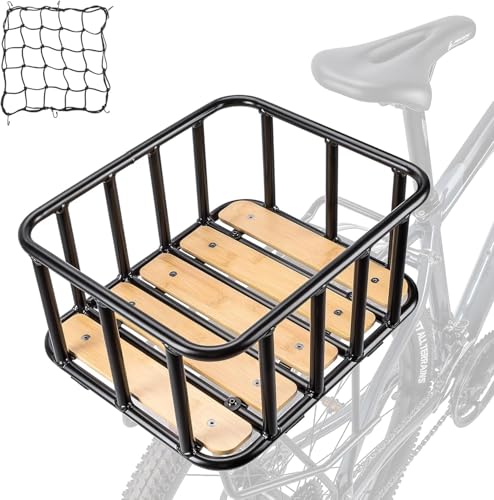 CXWXC Fahrradkorb Hinten – Großer Gepäckträger-Korb mit Holz-Boden, wasserdichter Abdeckung & Cargo-Netz, hohe Tragfähigkeit
