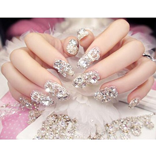 Dongcrystal 24pc 3D False Nails Bling Glitter Fake Full Nail Tip Imperial Crown Rhinestone Decor Bowknot Nail Art