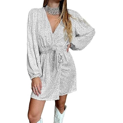 Ababalaya Sparkly Sequin Mini Wrap Dress for Women V-Neck Long Puff Sleeve Glitter Clubwear Party Outfits Wrap Around Dresses, Silver, S Cover