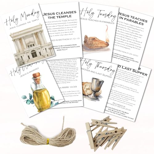 Easter Story Cards Set, 8 Pcs Holy Week Cards With 16 Photo Holders, 26 Feet(5 meters) Hemp Rope For Kids Teens Adults Easter Countdown, Christian Sunday School, Easter Day Decor And Accessories- 01