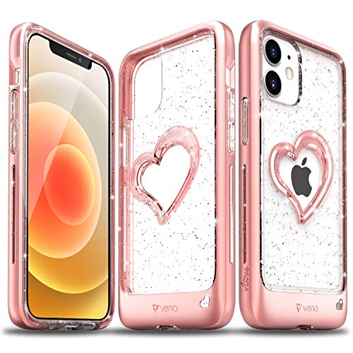 VENA vLove Cover Glitter Trasparente Compatibile con Apple iPhone 12 Mini (5.4'-inch), (Heart Shape, CornerGuard Protection) Bling Custodia Case Protettiva - Oro Rosa