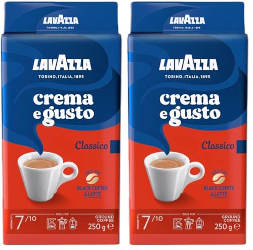 Lavazza, Crema e Gusto Classico, Café Molido Natural, Ideal para Cafetera Italiana, de Filtro y Francesa, con Notas Aromáticas de Especias, Arábica y Robusta, Intensidad 7, Tueste Oscuro, 250 g