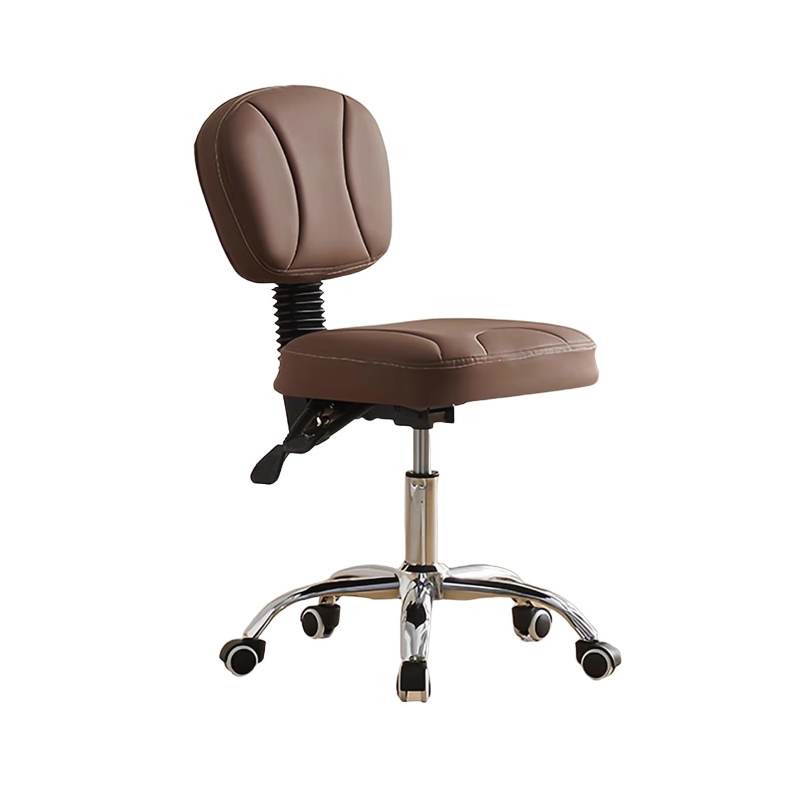 Ergonomiczny stołek z regulacją wysokości z oparciem, krzesło warsztatowe, do salonów piękności i studiów, brązowy stołek biurowy i warsztatowy, 47–58 cm