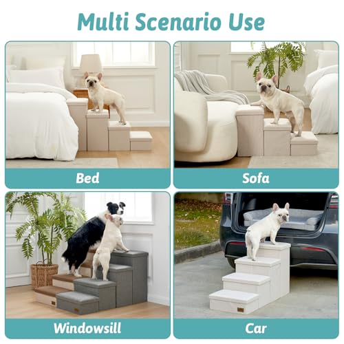 Image of COZY KISS Dog Stairs with Storage, 3-Step Wider Sturdy Dog Steps for Small /Medium /Large Dogs and Older Cats, Folding Doggie Ramp for Bed /Couch Hold Up to 180 lbs (16.7 inch H, Beige)