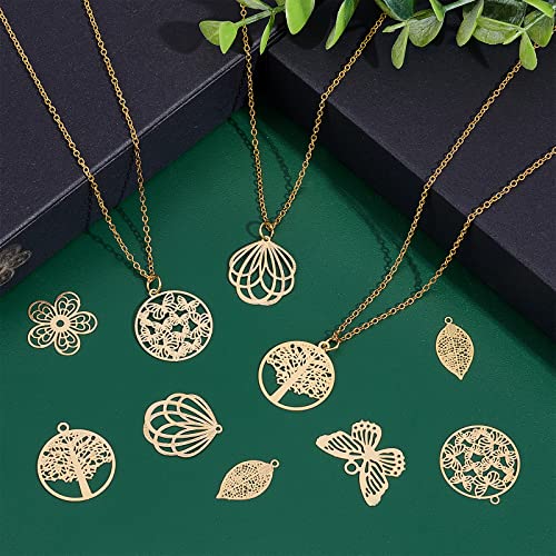 UNICRAFTALE 36Pcs 6 Style Gold Botanical Themed Pendant Stainless Steel Filigree Pendants Etched Metal Embellishments Flower Butterfly Leaf Flat Round Hollow Pendant Charms for Jewelry Making - Image 2