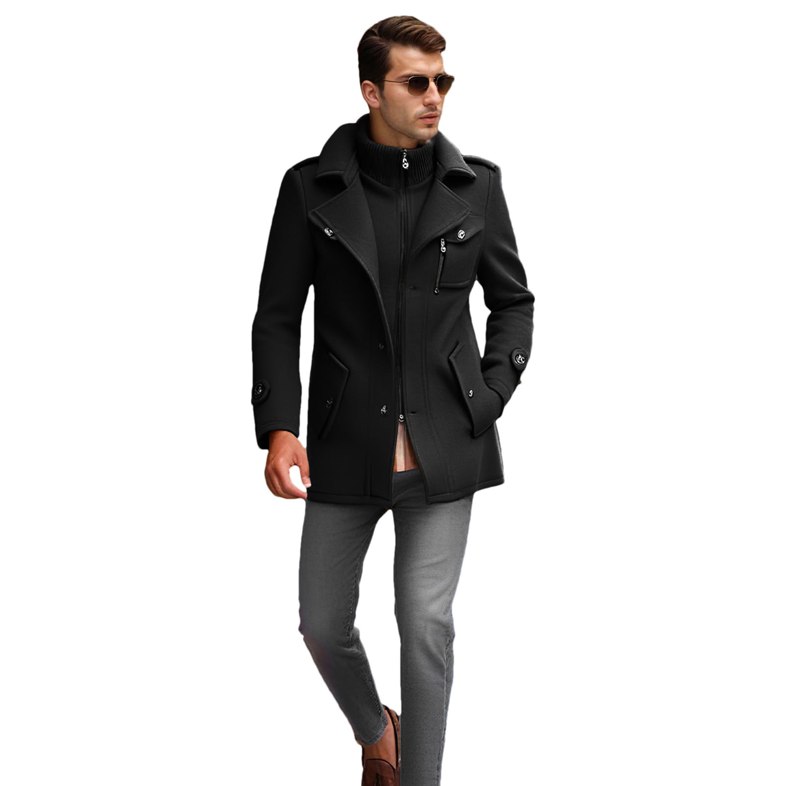 ANUFER Hombre Mezcla Lana Peacoat con Cuello Desmontable