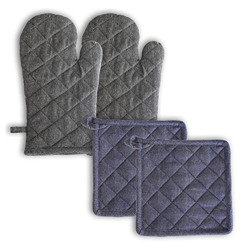 Image of 2 Oven Mitts and 2 Pot Holders Set-Cotton Heat Resistant Pot Stand and Kitchen Gloves-Heat Proof-Free Size-Combo Set (Blue and Grey Mix)
