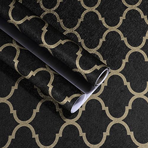 Timeet Klebefolie Möbel Schwarz Möbelfolie Selbstklebend Gold Muster Geometrisches Linienmuster Selbstklebende Tapete Wasserfest Aufkleber Vinly Folie für Möbel Wand Küche Schrank 38cm x 3m Cover