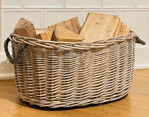 Dekoleidenschaft großer Aufbewahrungskorb aus Weide im Shabby Look, Feuerholzkorb, Brennholzkorb (ohne Stoffpatch)-2